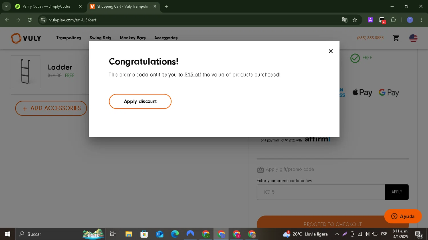 Vuly Play US promo code screenshot showing code KC15 applied at Vuly Play US checkout page. Uploaded by SimplyCodes community member ShrewdSaver8478 on Jan 4, 2025