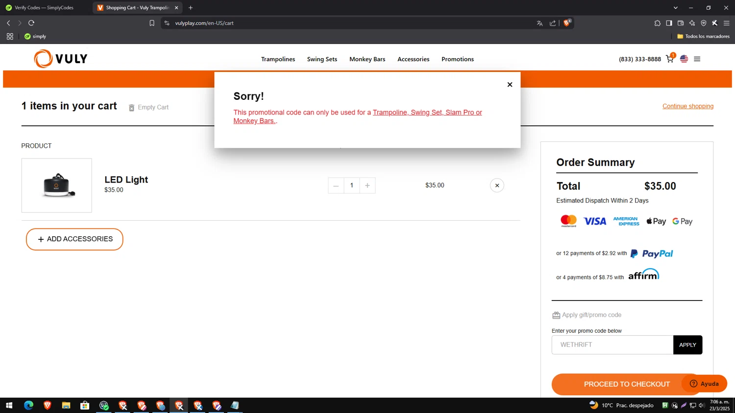 Vuly Play US promo code screenshot showing code WETHRIFT applied at Vuly Play US checkout page. Uploaded by SimplyCodes community member TreasureEagle7585 on Mar 23, 2025