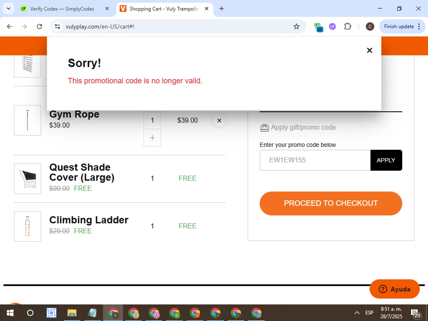 Vuly Play US promo code screenshot showing code EW15 applied at Vuly Play US checkout page. Uploaded by SimplyCodes community member TreasureFox8596 on Jul 28, 2025