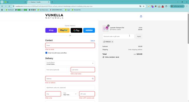 Vunella checkout page showing Vunella discount code box | Screenshot taken by SimplyCodes community member on Sep 11, 2025