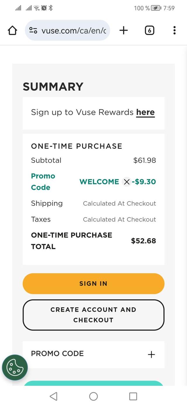 Vuse checkout page showing Vuse promo code box | Screenshot taken by SimplyCodes community member on Jul 5, 2025