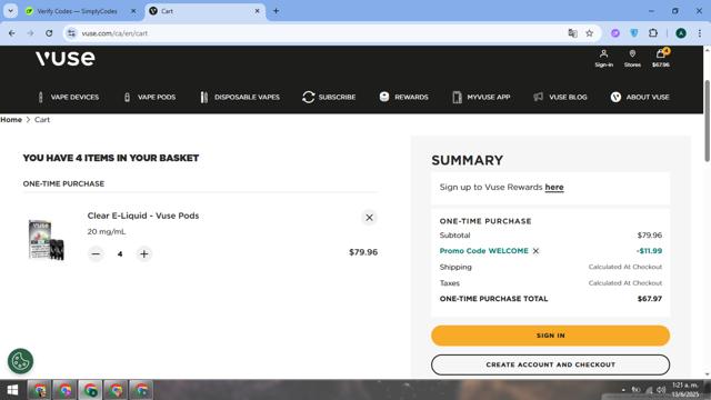 Vuse checkout page showing Vuse promo code box | Screenshot taken by SimplyCodes community member on Jun 13, 2025