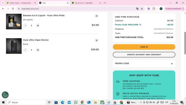 Vuse checkout page showing Vuse promo code box | Screenshot taken by SimplyCodes community member on Aug 1, 2025