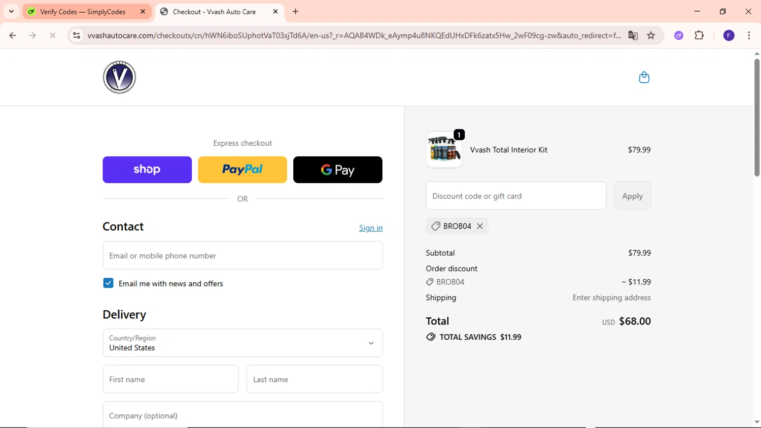 Vvash Auto Care promo code screenshot showing code BROB04 applied at Vvash Auto Care checkout page. Uploaded by SimplyCodes community member MightyCaptain635 on Dec 22, 2025