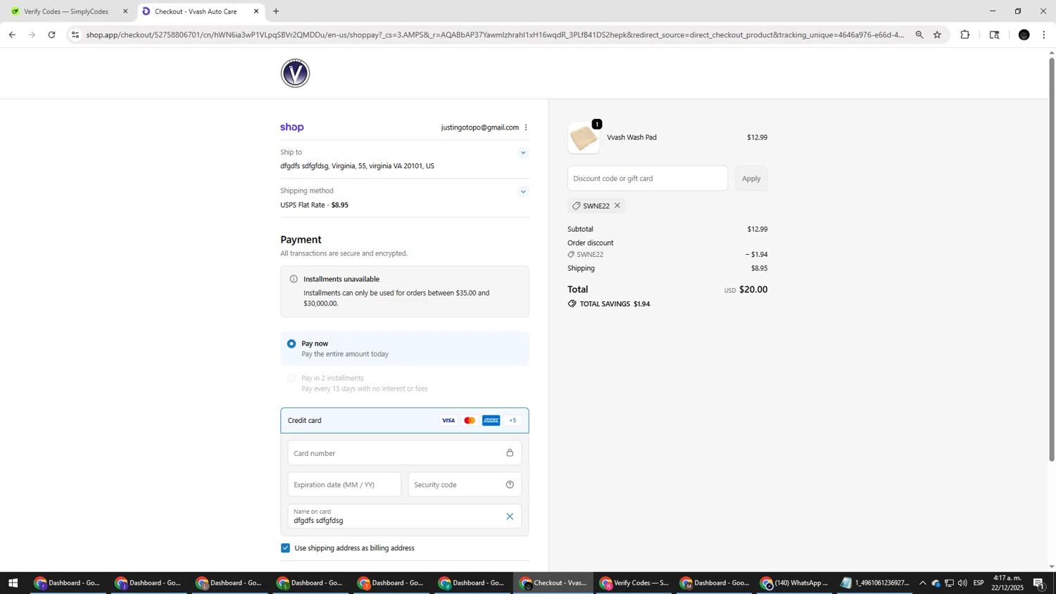 Vvash Auto Care promo code screenshot showing code SWNE22 applied at Vvash Auto Care checkout page. Uploaded by SimplyCodes community member Salometta on Dec 22, 2025
