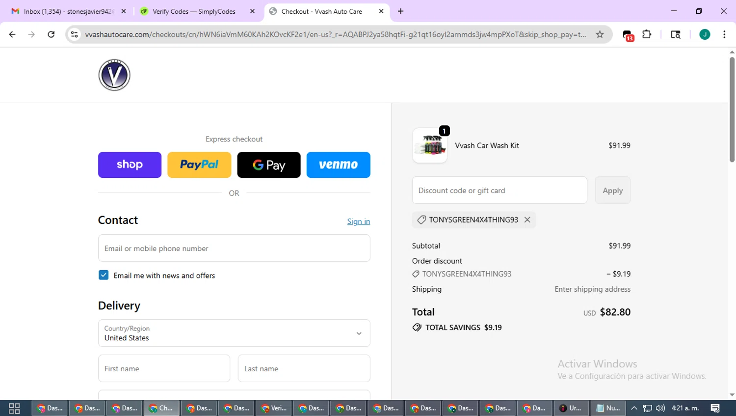 Vvash Auto Care promo code screenshot showing code tonysgreen4x4thing93 applied at Vvash Auto Care checkout page. Uploaded by SimplyCodes community member SavvyCurator1770 on Dec 22, 2025