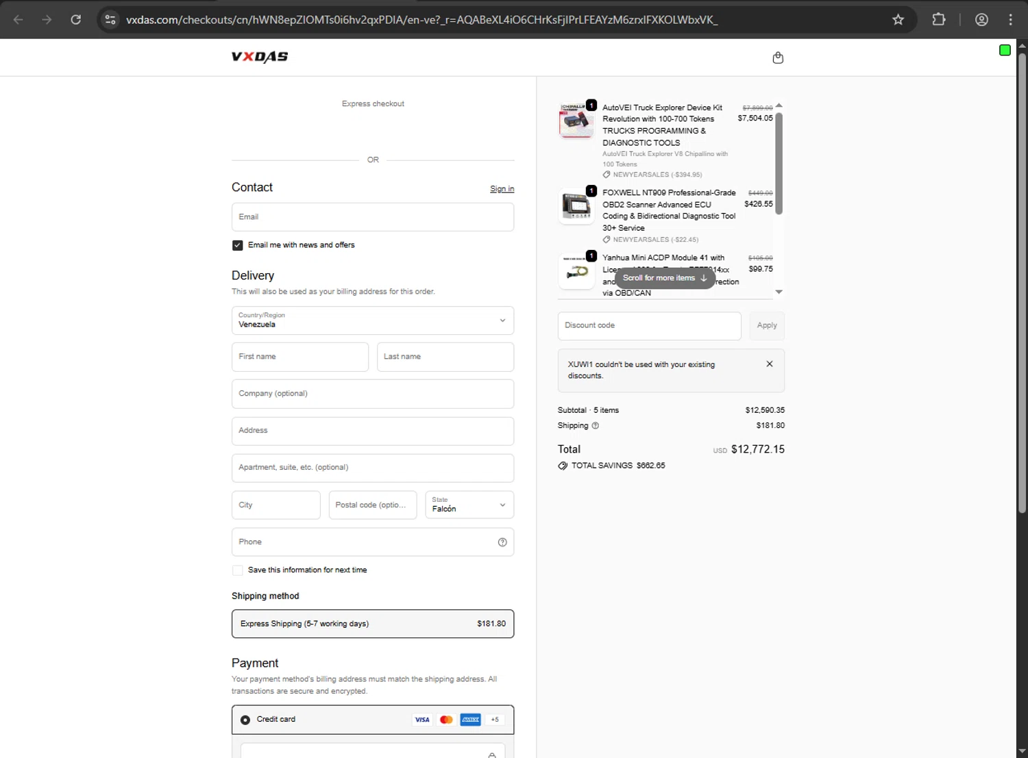 VXDAS checkout page showing VXDAS promo code box | Screenshot taken by SimplyCodes community member on Feb 11, 2026