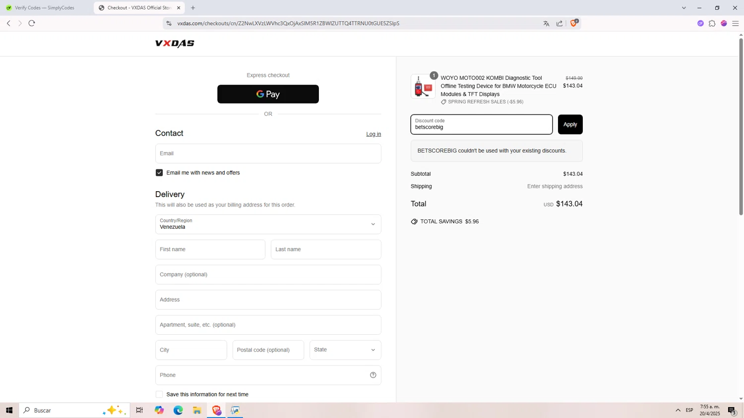 VXDAS promo code screenshot showing code betscorebig applied at VXDAS checkout page. Uploaded by SimplyCodes community member Monitos on Apr 20, 2025