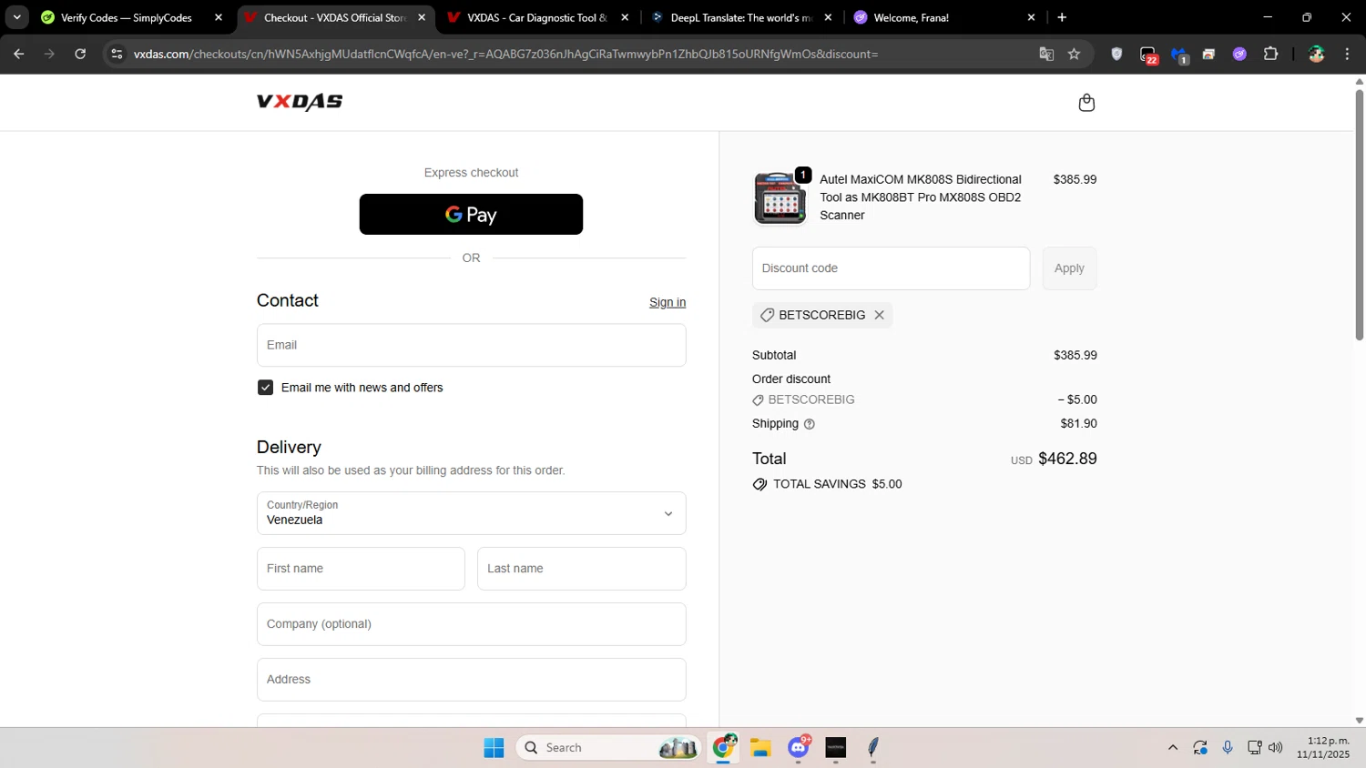 VXDAS promo code screenshot showing code betscorebig applied at VXDAS checkout page. Uploaded by SimplyCodes community member franalepe on Nov 11, 2025