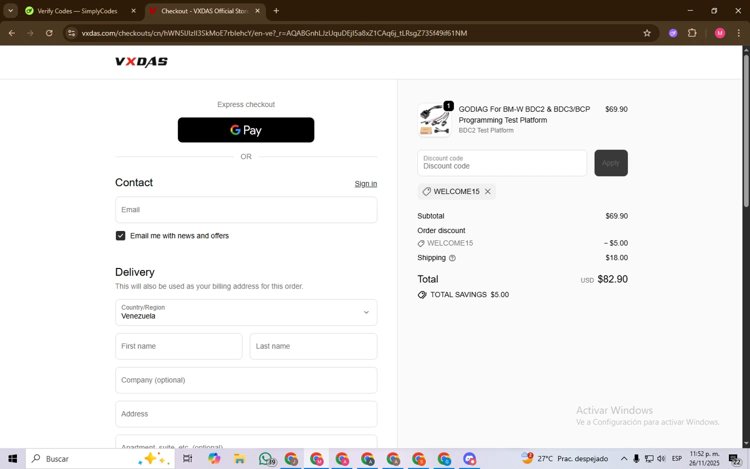 VXDAS promo code screenshot showing code WELCOME15 applied at VXDAS checkout page. Uploaded by SimplyCodes community member Chambeadoranonimo on Nov 27, 2025