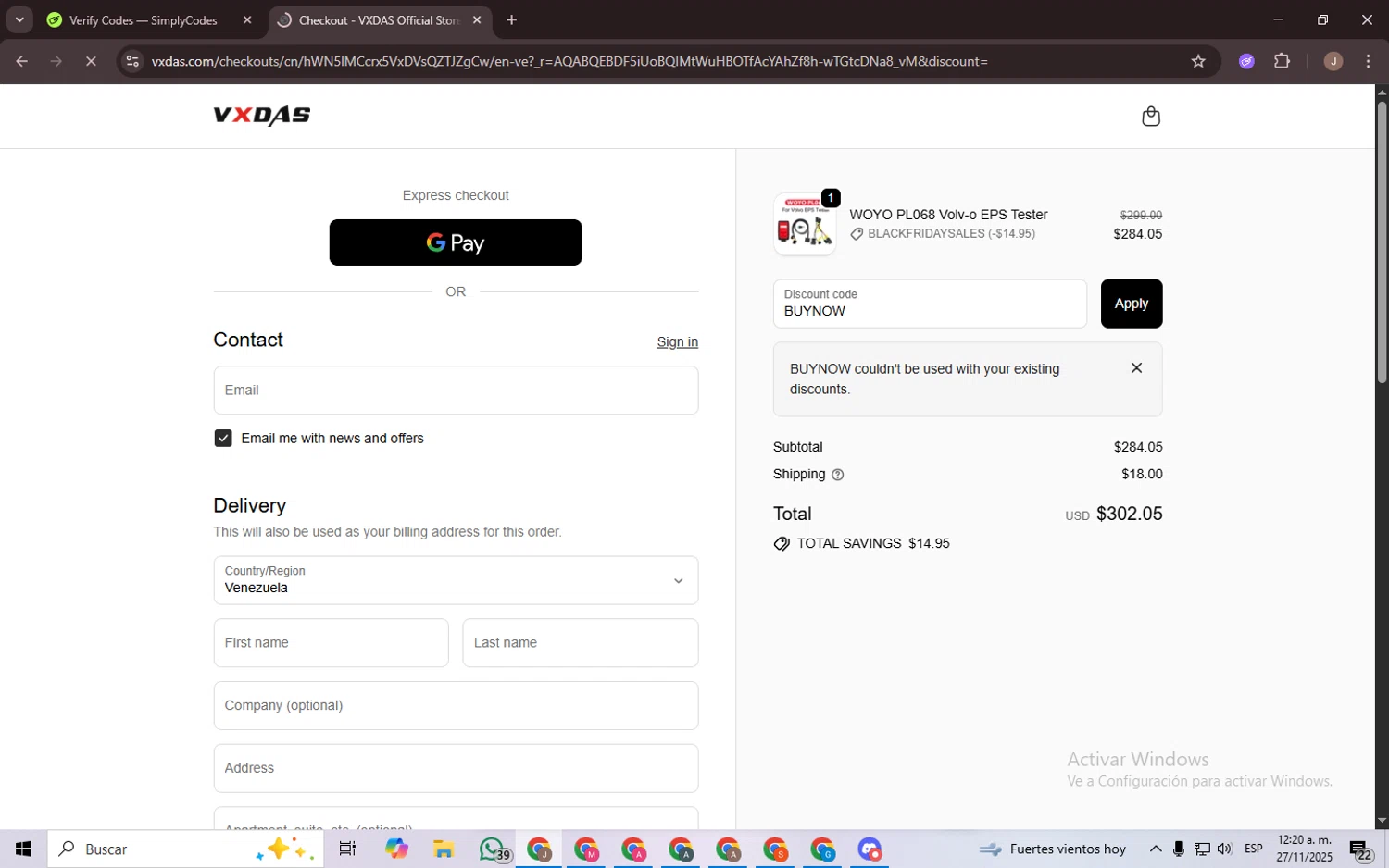 VXDAS promo code screenshot showing code BUYNOW applied at VXDAS checkout page. Uploaded by SimplyCodes community member CrownChaser949 on Nov 27, 2025