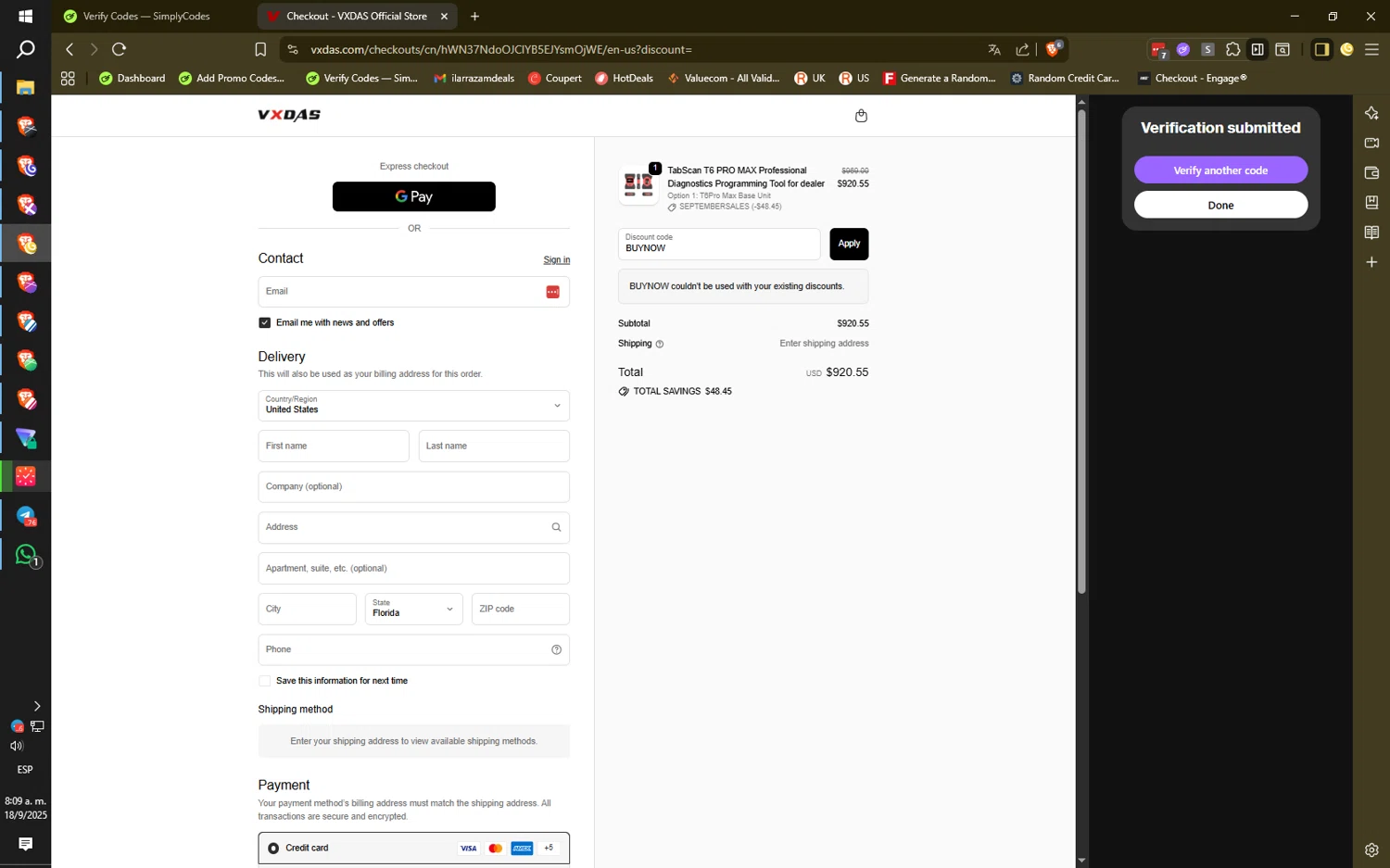 VXDAS promo code screenshot showing code BUYNOW applied at VXDAS checkout page. Uploaded by SimplyCodes community member HiddenPulse7619 on Sep 18, 2025