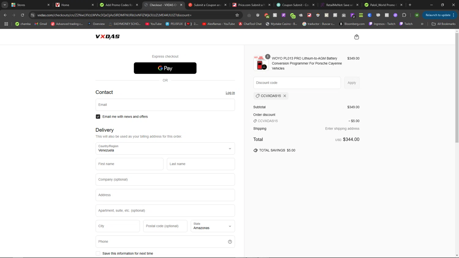 VXDAS promo code screenshot showing code CCVXDAS15 applied at VXDAS checkout page. Uploaded by SimplyCodes community member code_user232652265 on May 3, 2025