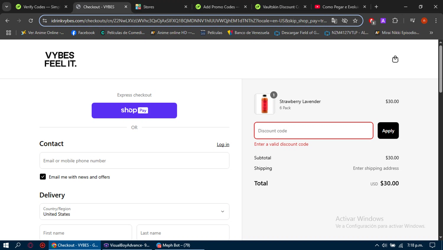 Vybes promo code screenshot showing code WELCOMESMS20 applied at Vybes checkout page. Uploaded by SimplyCodes community member Sasuk3 on Apr 2, 2025