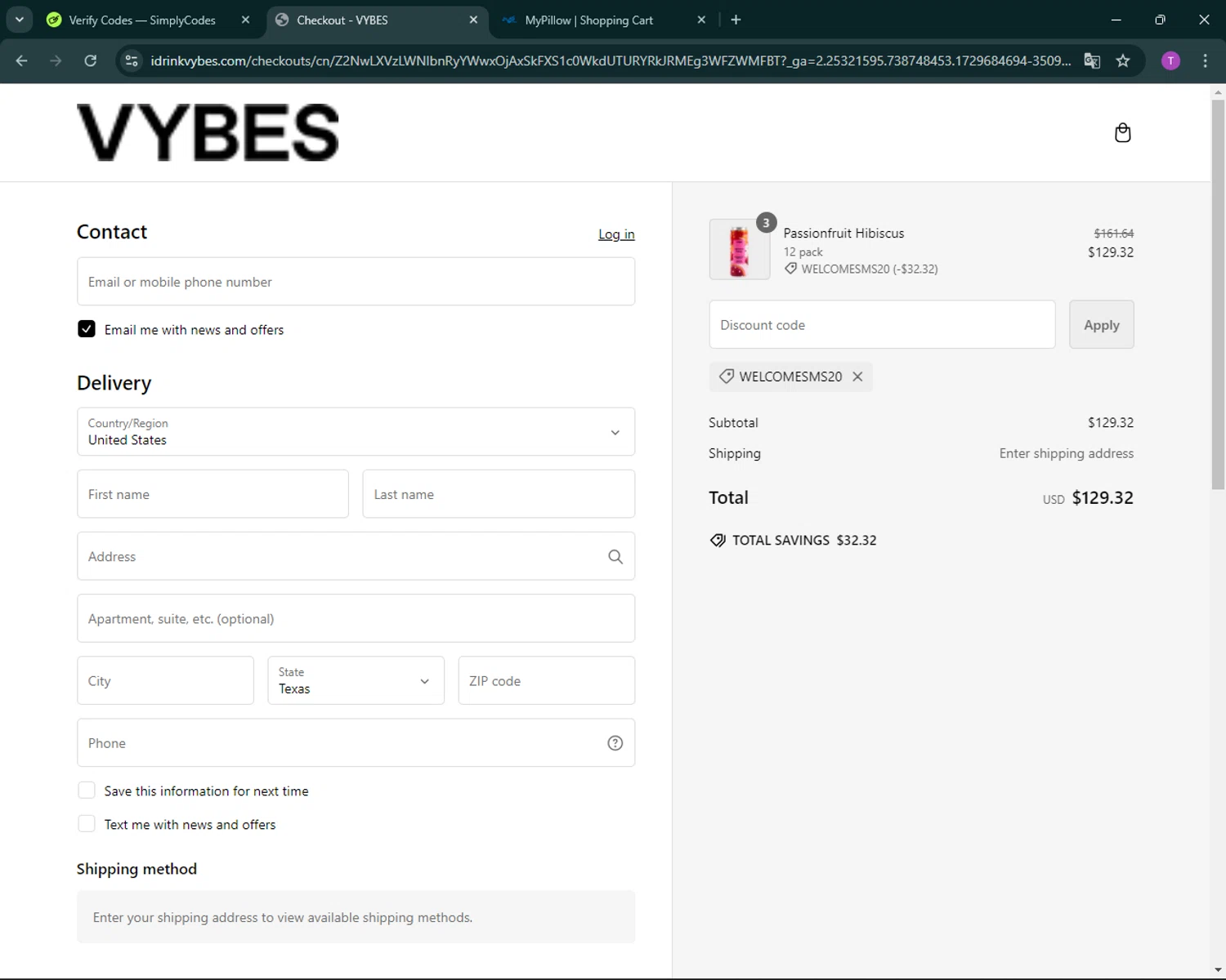 Vybes checkout page showing Vybes promo code box | Screenshot taken by SimplyCodes community member on Oct 23, 2024
