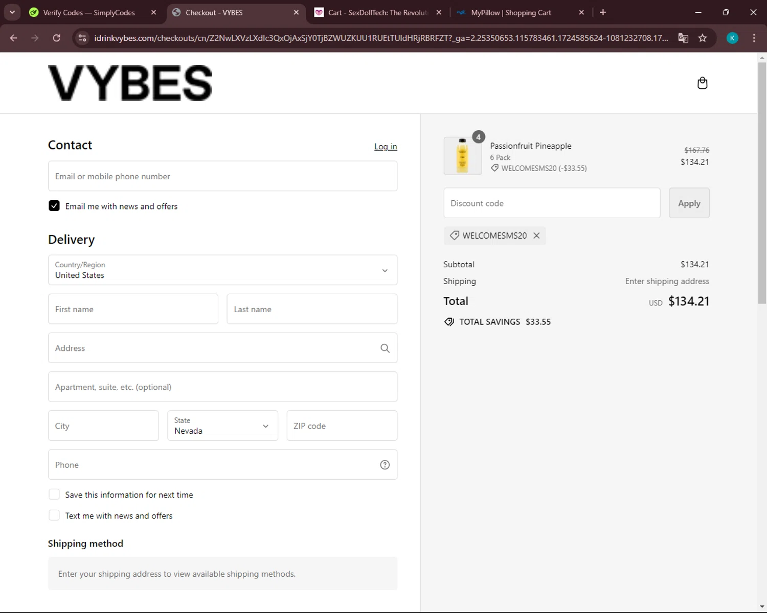 Vybes checkout page showing Vybes promo code box | Screenshot taken by SimplyCodes community member on Aug 25, 2024