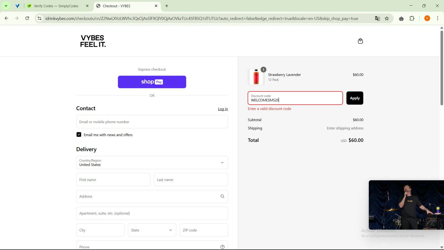 Vybes promo code screenshot showing code WELCOMESMS20 applied at Vybes checkout page. Uploaded by SimplyCodes community member SavingsFinder9954 on Apr 2, 2025