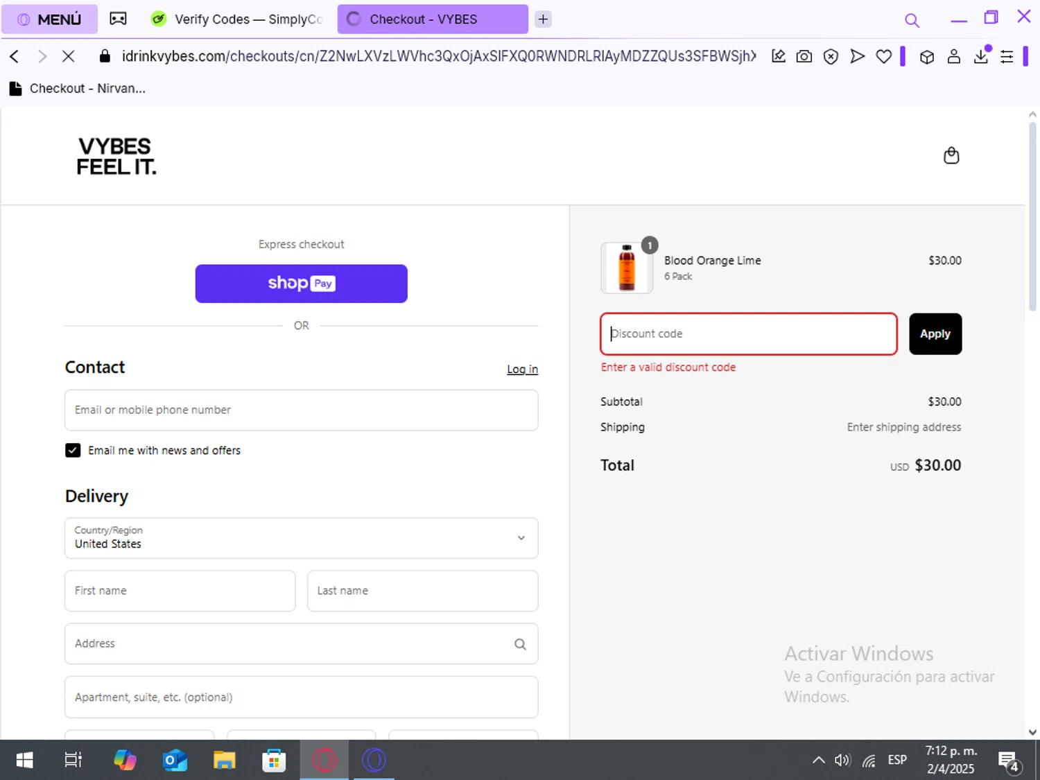 Vybes promo code screenshot showing code WELCOMESMS20 applied at Vybes checkout page. Uploaded by SimplyCodes community member gladyslopeeez on Apr 2, 2025