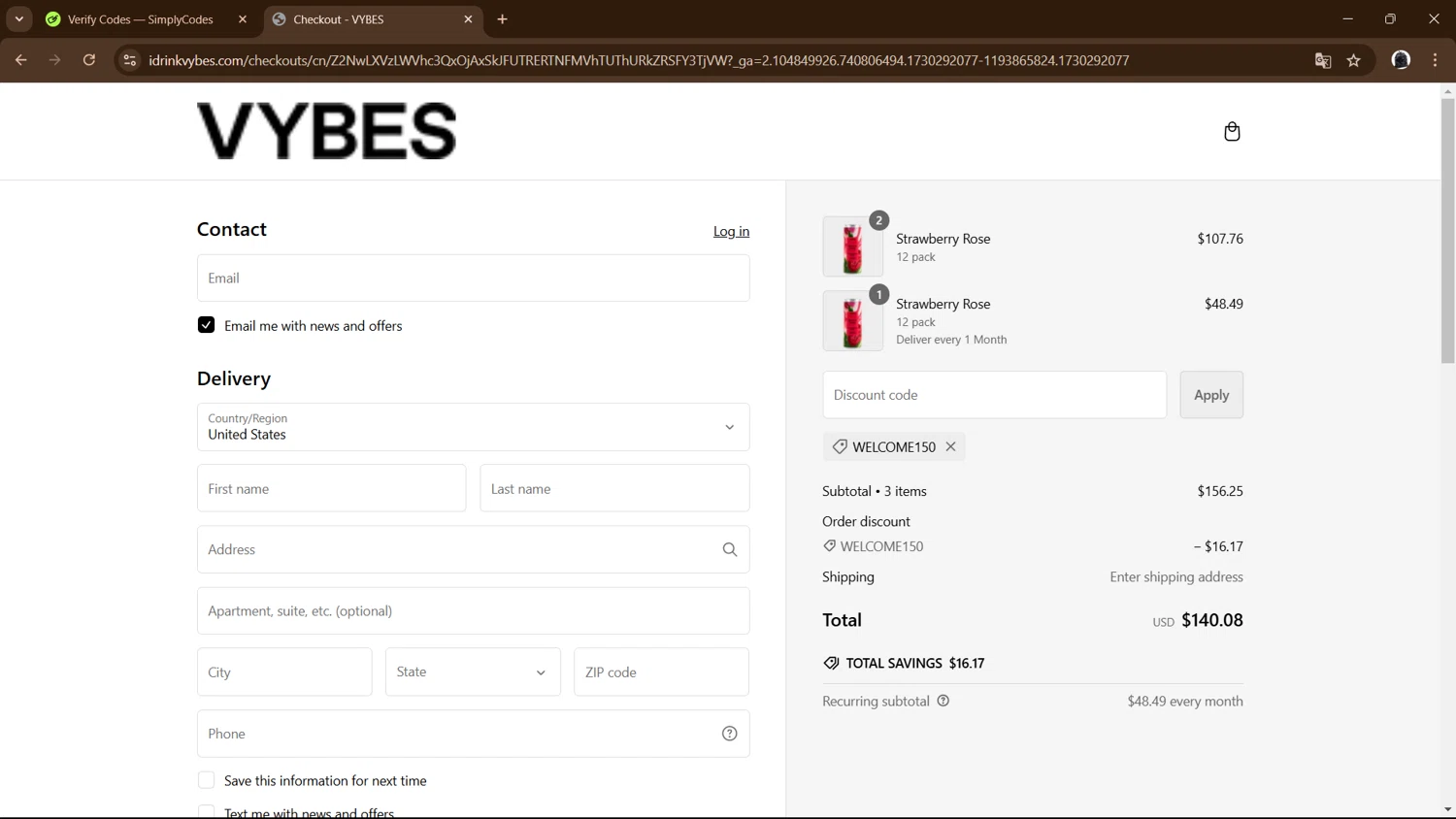 Vybes checkout page showing Vybes promo code box | Screenshot taken by SimplyCodes community member on Oct 30, 2024