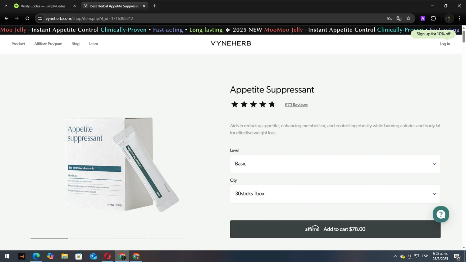 Vyneherb promo code screenshot showing code WELCOME10 applied at Vyneherb checkout page. Uploaded by SimplyCodes community member Andy2323 on Mar 26, 2025