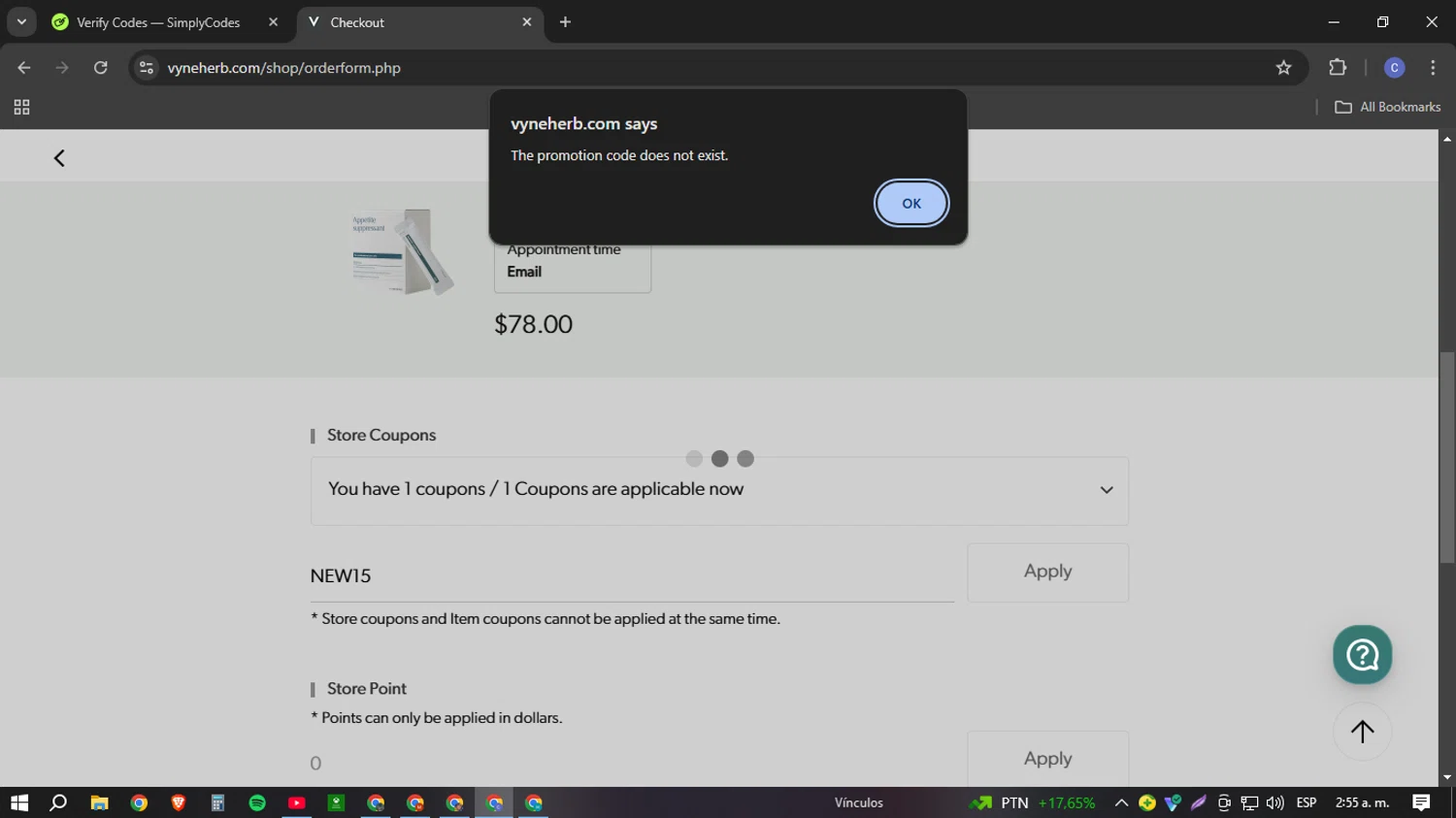 Vyneherb promo code screenshot showing code NEW15 applied at Vyneherb checkout page. Uploaded by SimplyCodes community member Cotu1208 on Jan 3, 2025