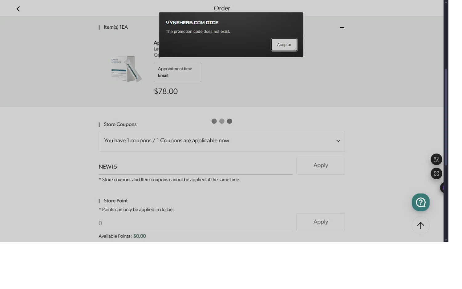Vyneherb promo code screenshot showing code NEW15 applied at Vyneherb checkout page. Uploaded by SimplyCodes community member GAPP3003 on Jan 3, 2025