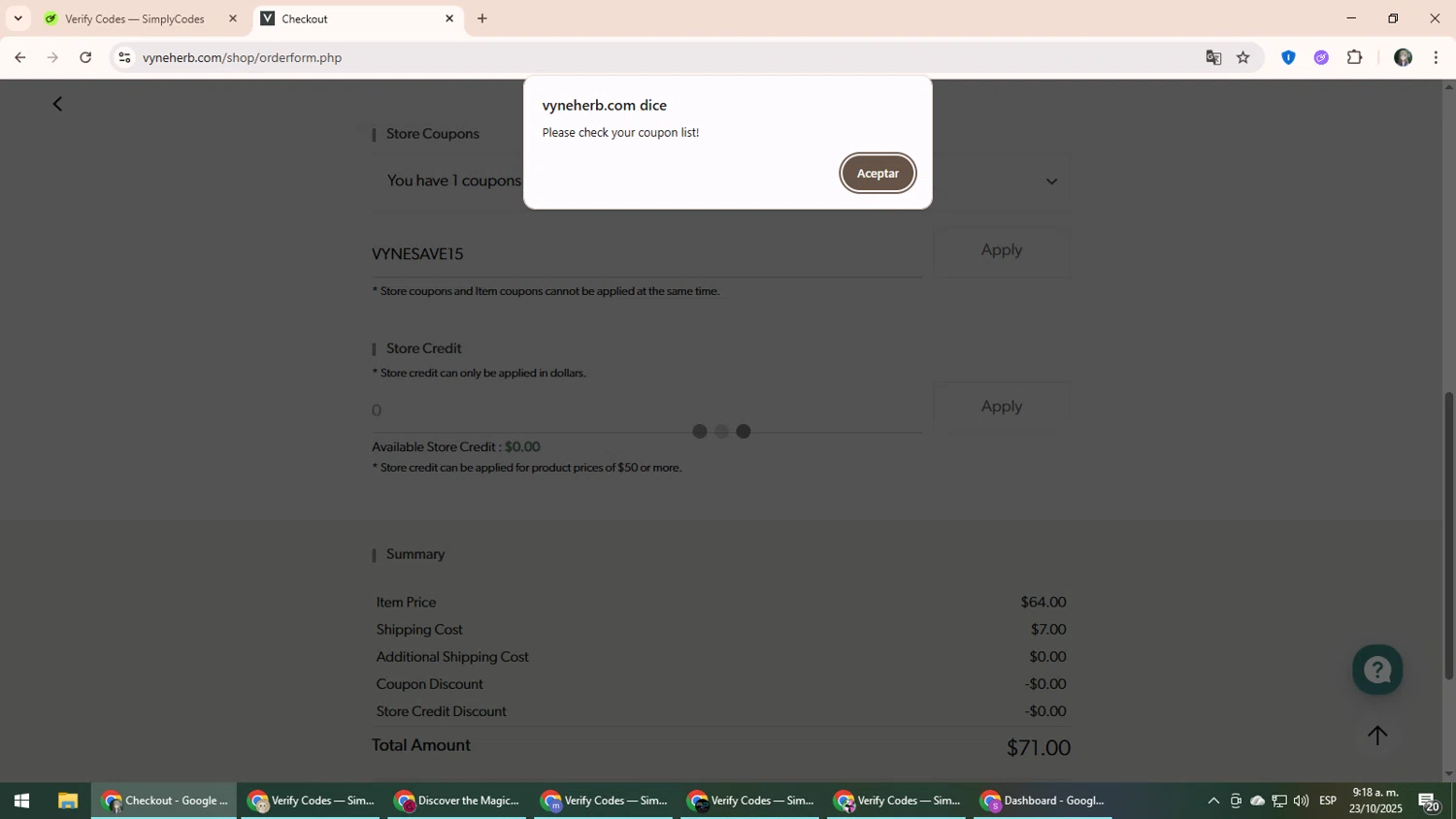 Vyneherb promo code screenshot showing code VYNESAVE15 applied at Vyneherb checkout page. Uploaded by SimplyCodes community member CleverLynx6871 on Oct 23, 2025