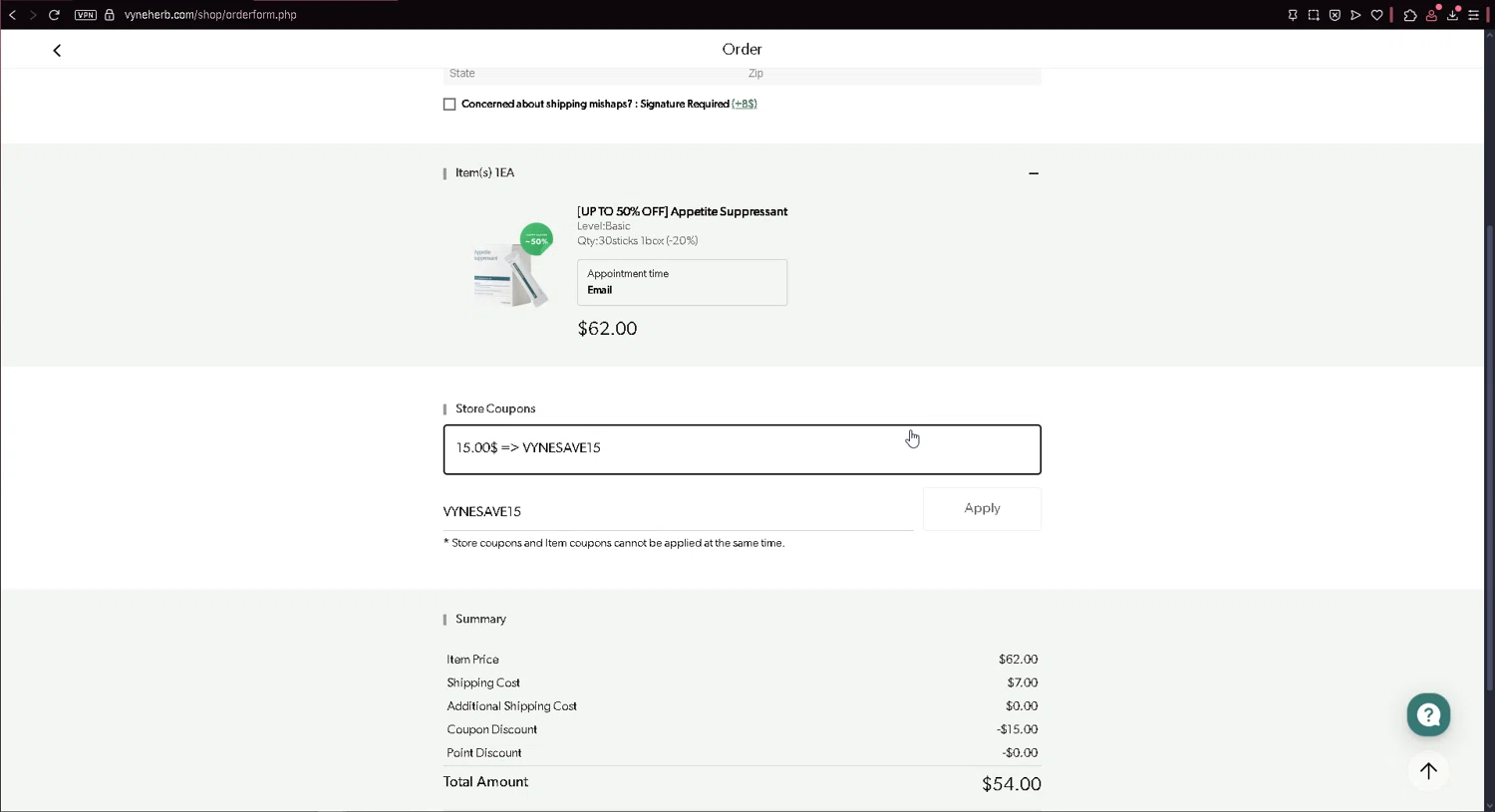 Vyneherb checkout page showing Vyneherb promo code box | Screenshot taken by SimplyCodes community member on Apr 19, 2025