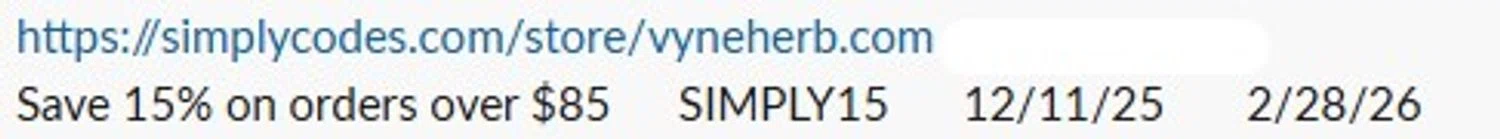 Vyneherb promo code screenshot showing code SIMPLY15 applied at Vyneherb checkout page. Uploaded by SimplyCodes community member Swiftdealz on Dec 14, 2025