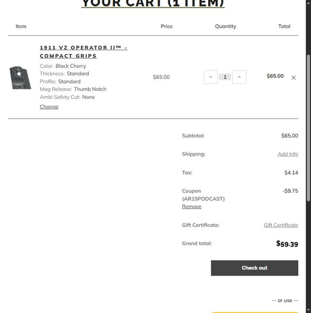 Vz Grips checkout page showing Vz Grips coupon code box | Screenshot taken by SimplyCodes community member on Aug 13, 2025