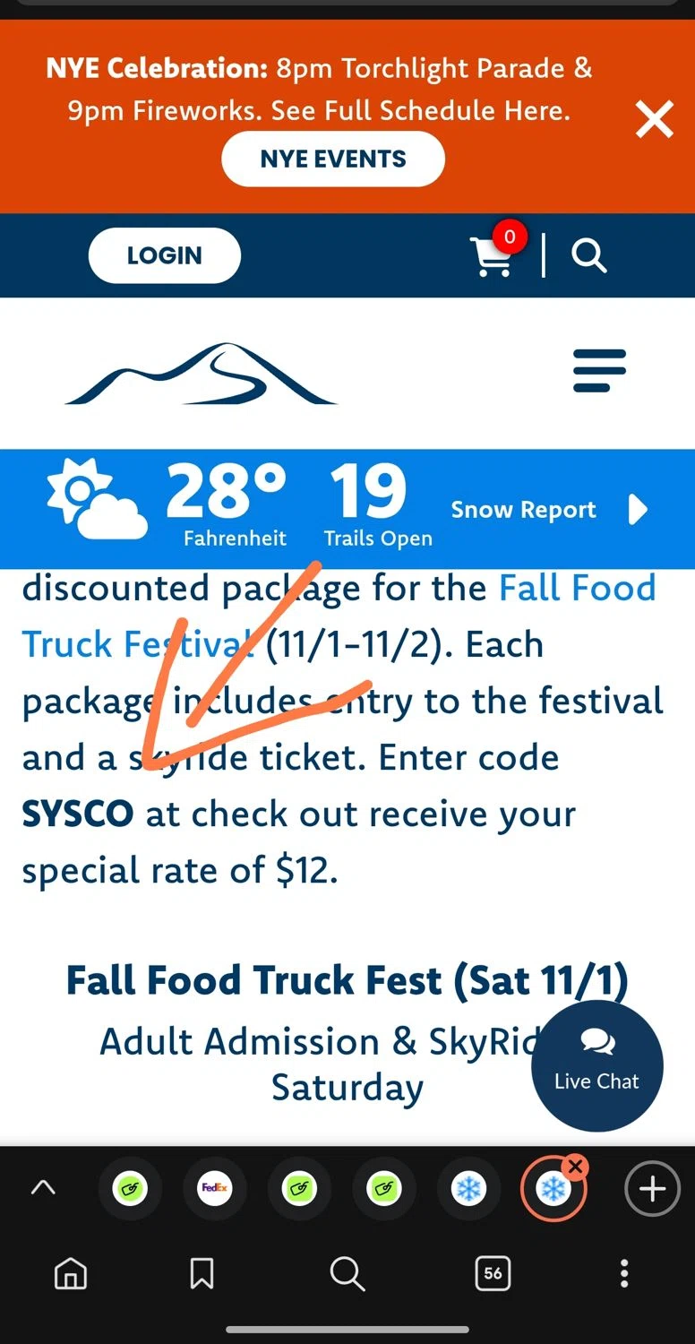 Wachusett Mountain coupon code screenshot showing code SYSCO applied at Wachusett Mountain checkout page. Uploaded by SimplyCodes community member Dejadepicharme on Dec 31, 2025