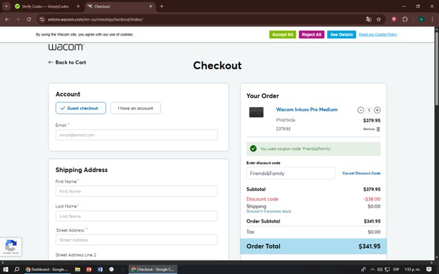 Wacom checkout page showing Wacom discount code box | Screenshot taken by SimplyCodes community member on Aug 7, 2025
