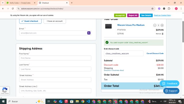 Wacom checkout page showing Wacom discount code box | Screenshot taken by SimplyCodes community member on Aug 30, 2025