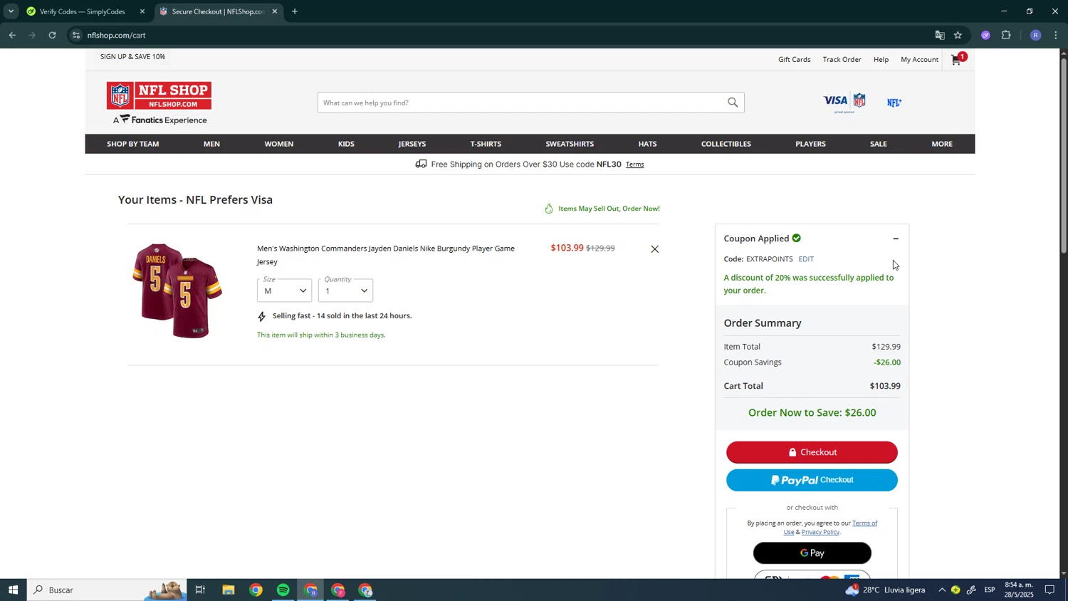 Washington Commanders promo code screenshot showing code EXTRAPOINTS applied at Washington Commanders checkout page. Uploaded by SimplyCodes community member SavvyTitan7306 on May 28, 2025