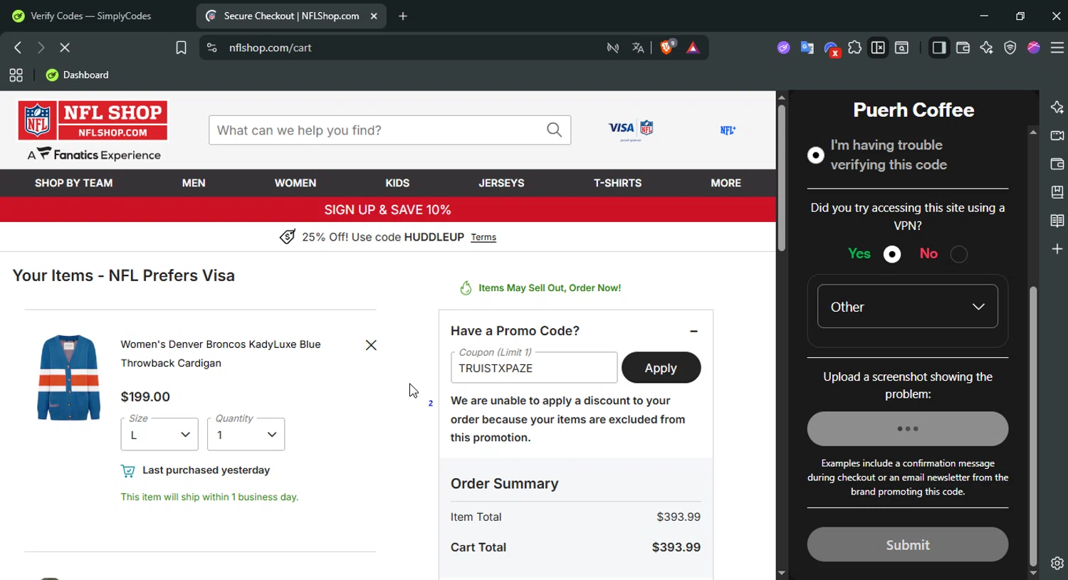 Washington Commanders promo code screenshot showing code TRUISTXPAZE applied at Washington Commanders checkout page. Uploaded by SimplyCodes community member Darka007 on Oct 13, 2025