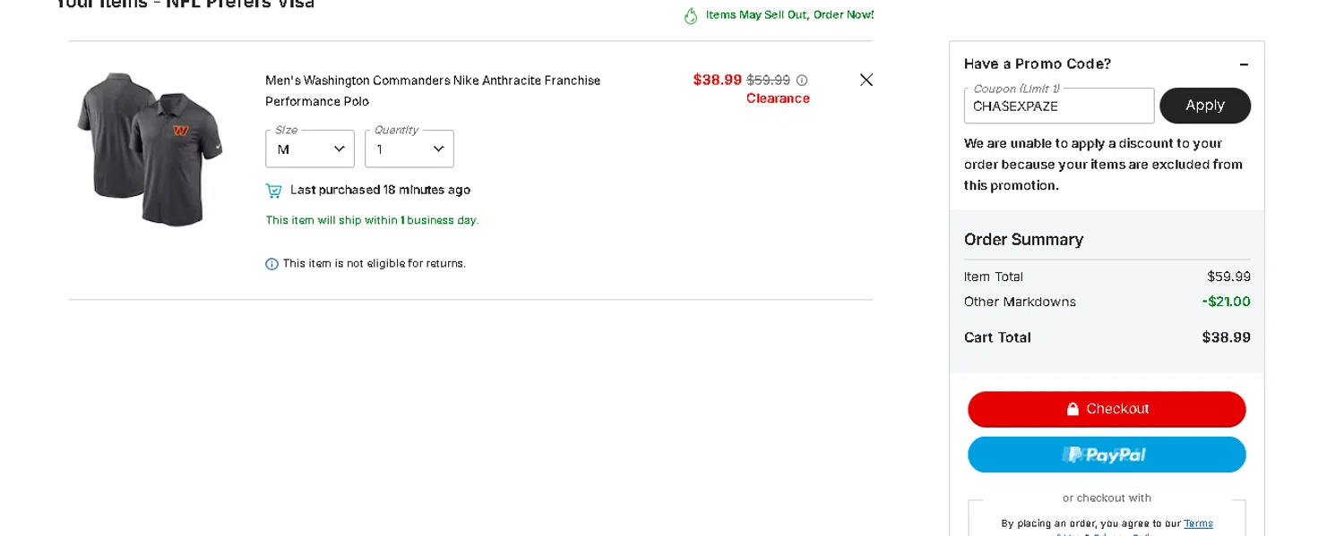 Washington Commanders promo code screenshot showing code CHASEXPAZE applied at Washington Commanders checkout page. Uploaded by SimplyCodes community member tuvalu10 on Nov 2, 2025