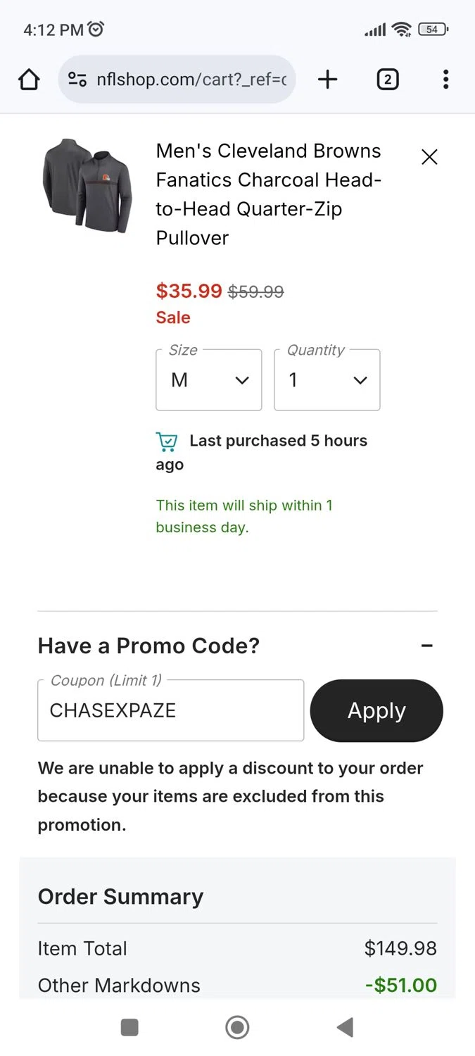 Washington Commanders promo code screenshot showing code CHASEXPAZE applied at Washington Commanders checkout page. Uploaded by SimplyCodes community member Richard251 on Nov 2, 2025