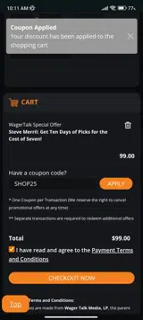 WagerTalk coupon verification screenshot