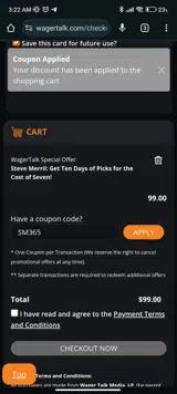 WagerTalk coupon verification screenshot