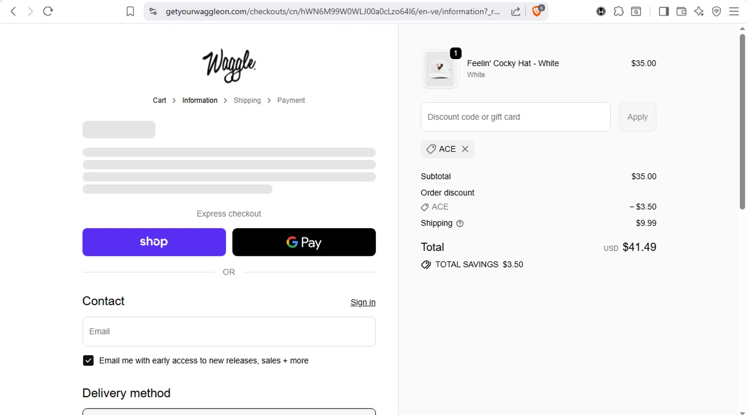 Waggle discount code screenshot showing code ACE applied at Waggle checkout page. Uploaded by SimplyCodes community member dayselis15 on Dec 12, 2025