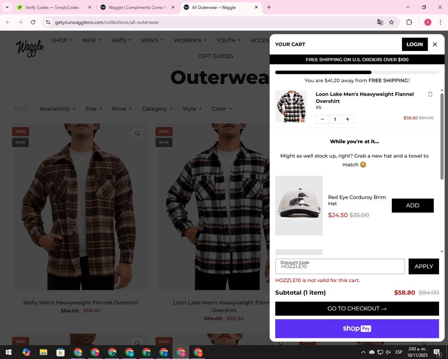 Waggle discount code screenshot showing code HOZZLE10 applied at Waggle checkout page. Uploaded by SimplyCodes community member 00000056 on Nov 10, 2025