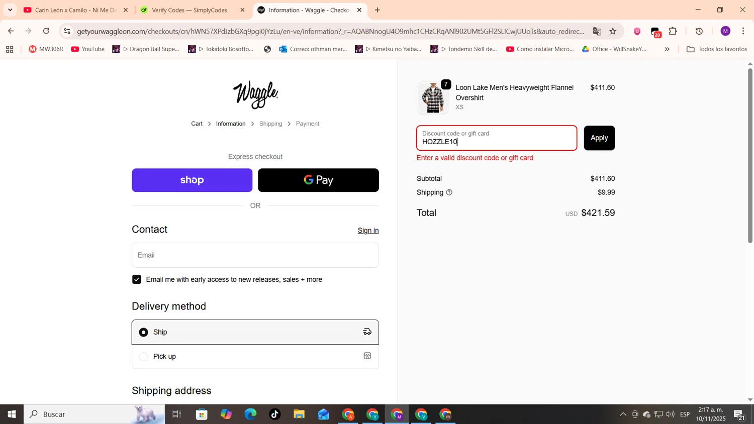 Waggle discount code screenshot showing code HOZZLE10 applied at Waggle checkout page. Uploaded by SimplyCodes community member cod_gakpo on Nov 10, 2025