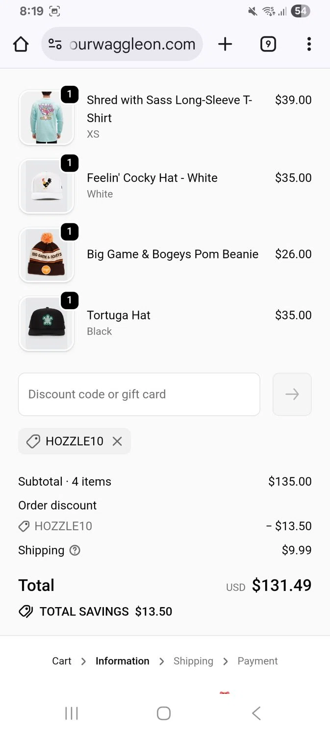 Waggle discount code screenshot showing code Hozzle10 applied at Waggle checkout page. Uploaded by SimplyCodes community member KarinaHZ on Dec 14, 2025
