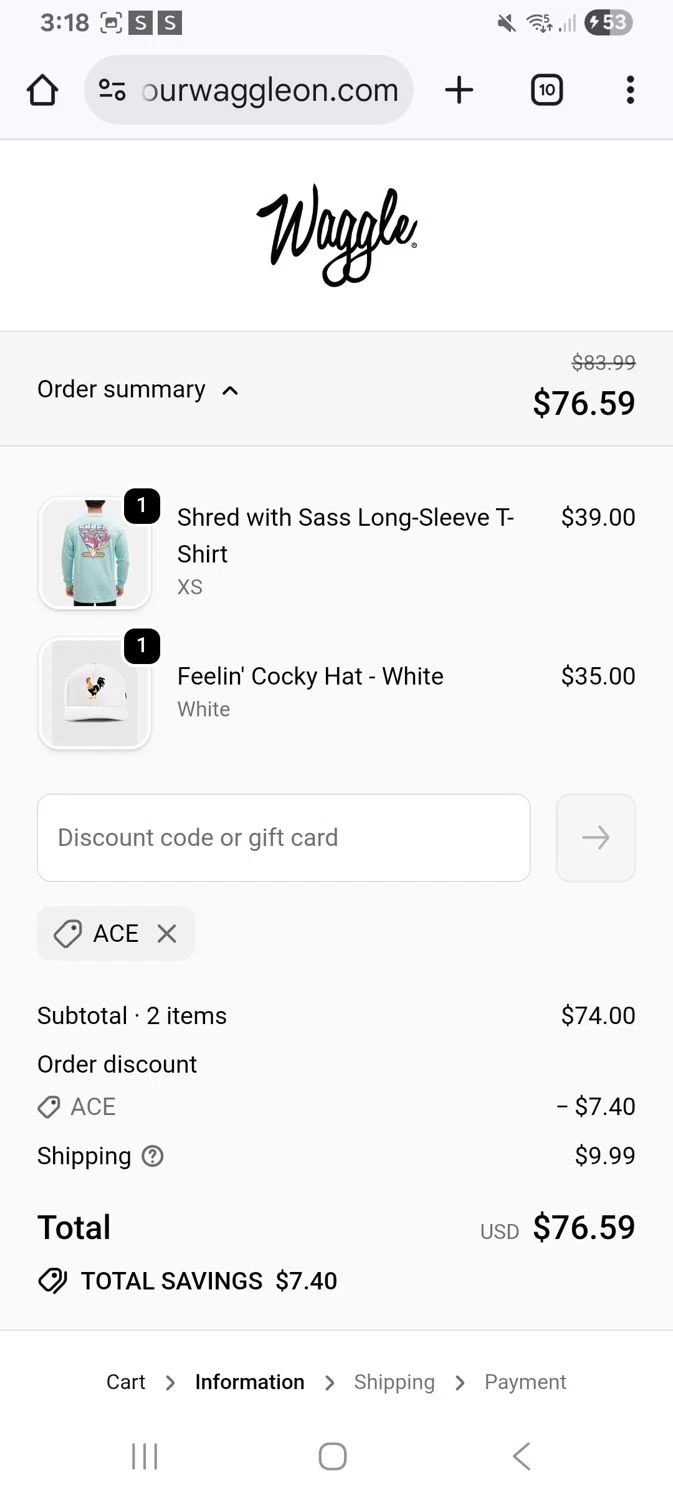 Waggle discount code screenshot showing code Ace applied at Waggle checkout page. Uploaded by SimplyCodes community member KarinaHZ on Dec 12, 2025
