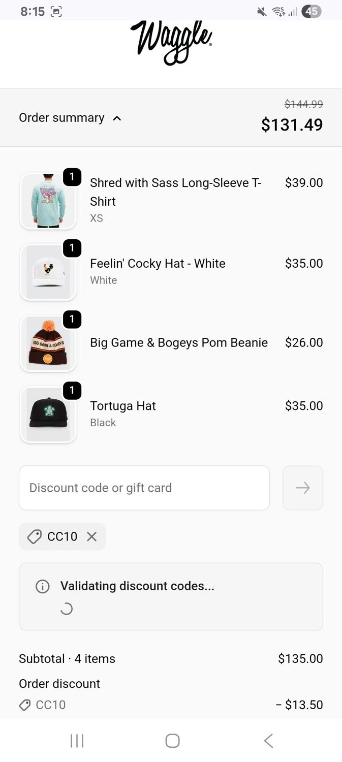 Waggle discount code screenshot showing code Cc10 applied at Waggle checkout page. Uploaded by SimplyCodes community member KarinaHZ on Dec 13, 2025