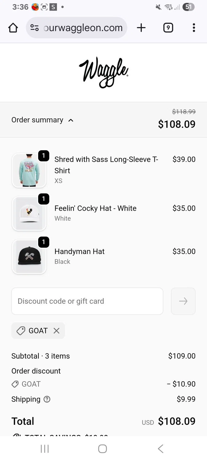 Waggle discount code screenshot showing code Goat applied at Waggle checkout page. Uploaded by SimplyCodes community member KarinaHZ on Dec 12, 2025