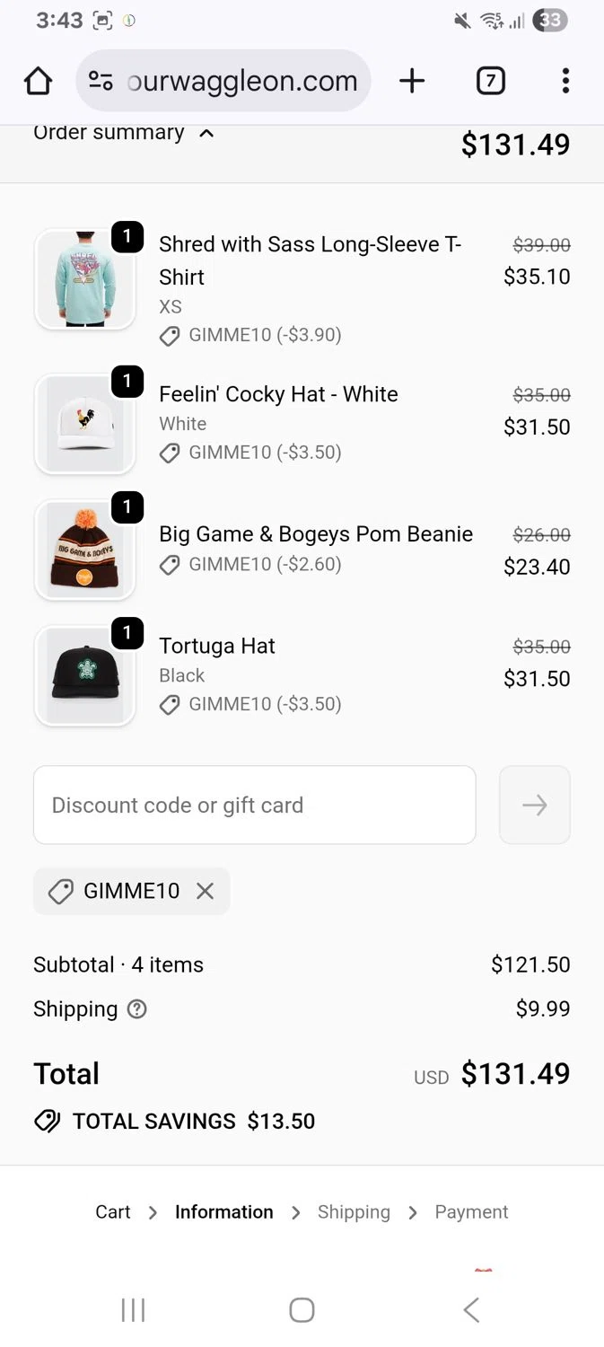 Waggle discount code screenshot showing code Gimme10 applied at Waggle checkout page. Uploaded by SimplyCodes community member KarinaHZ on Dec 19, 2025