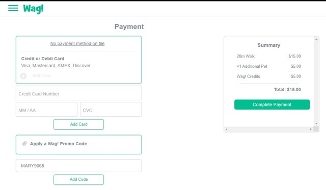Wag! checkout page showing Wag! promo code box | Screenshot taken by SimplyCodes community member on Jan 3, 2023