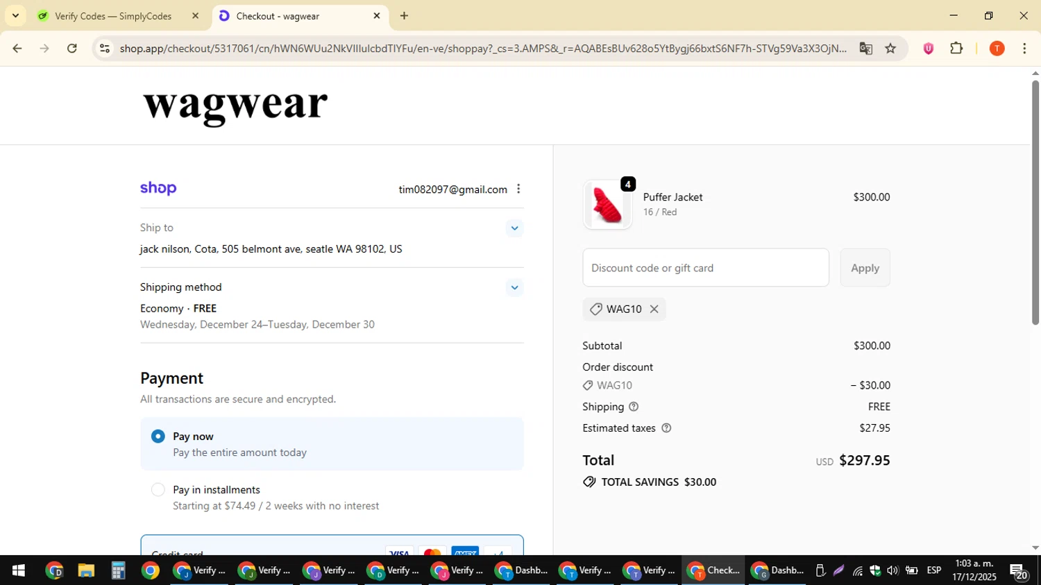 Wag Wear discount code screenshot showing code WAG10 applied at Wag Wear checkout page. Uploaded by SimplyCodes community member ShrewdAce8338 on Dec 17, 2025
