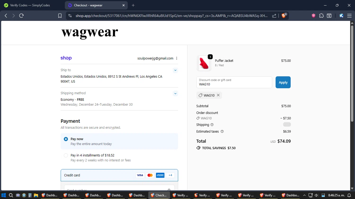 Wag Wear discount code screenshot showing code WAG10 applied at Wag Wear checkout page. Uploaded by SimplyCodes community member TreasureExpert3303 on Dec 17, 2025